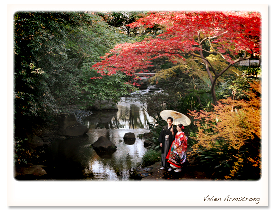 紅葉の日本庭園で和装前撮り